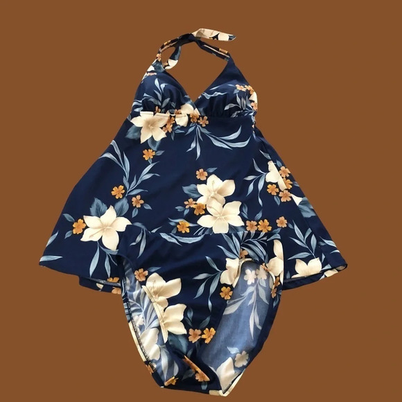 Vintage Caribbean Joe sz 10 2 Piece Tankini Dress Swimsuit Blue Floral High Leg - Picture 1 of 10